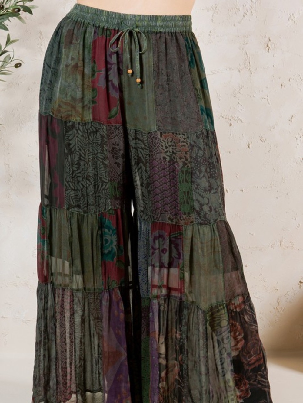 "The Kendra" Basil Retro Revival Long Flared Patchwork Pants - Picture 5 of 5